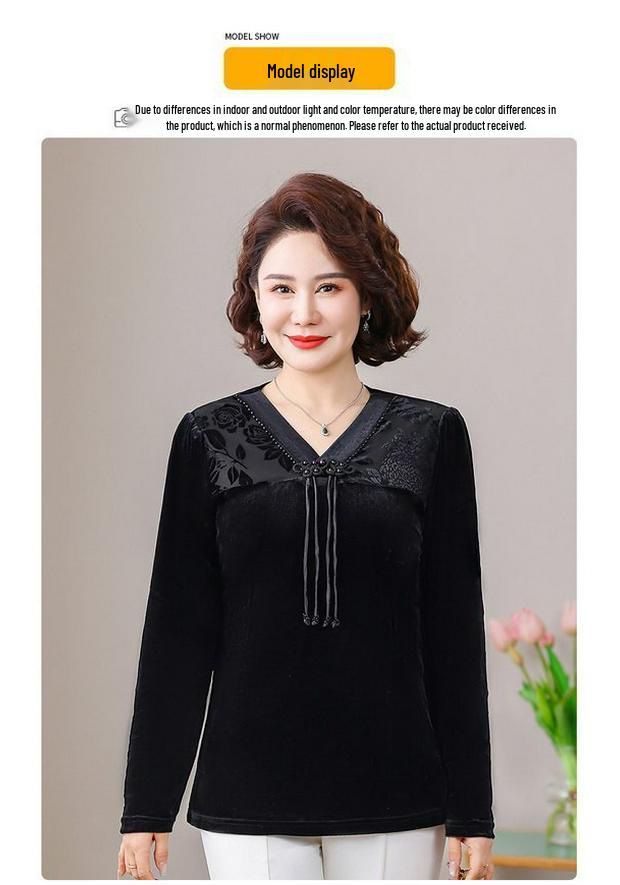 Elegant Chinese Style Golden Velvet Long Sleeve Top - Slim, Fashionable Base Layer for Plus Size, Spring & Autumn.