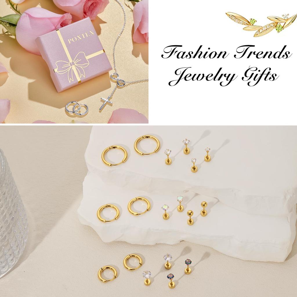 9 Pairs Flat Back Stud Earrings Sets for Multiple Piercing Small Silver Flat Back Surgical Steel Tiny Ball Pearl Cubic Zirconia