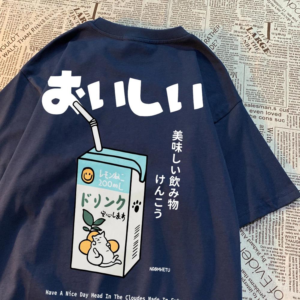 Cute Japanese cat print oversized T-shirt for children, short sleeved loose casual T-shirt