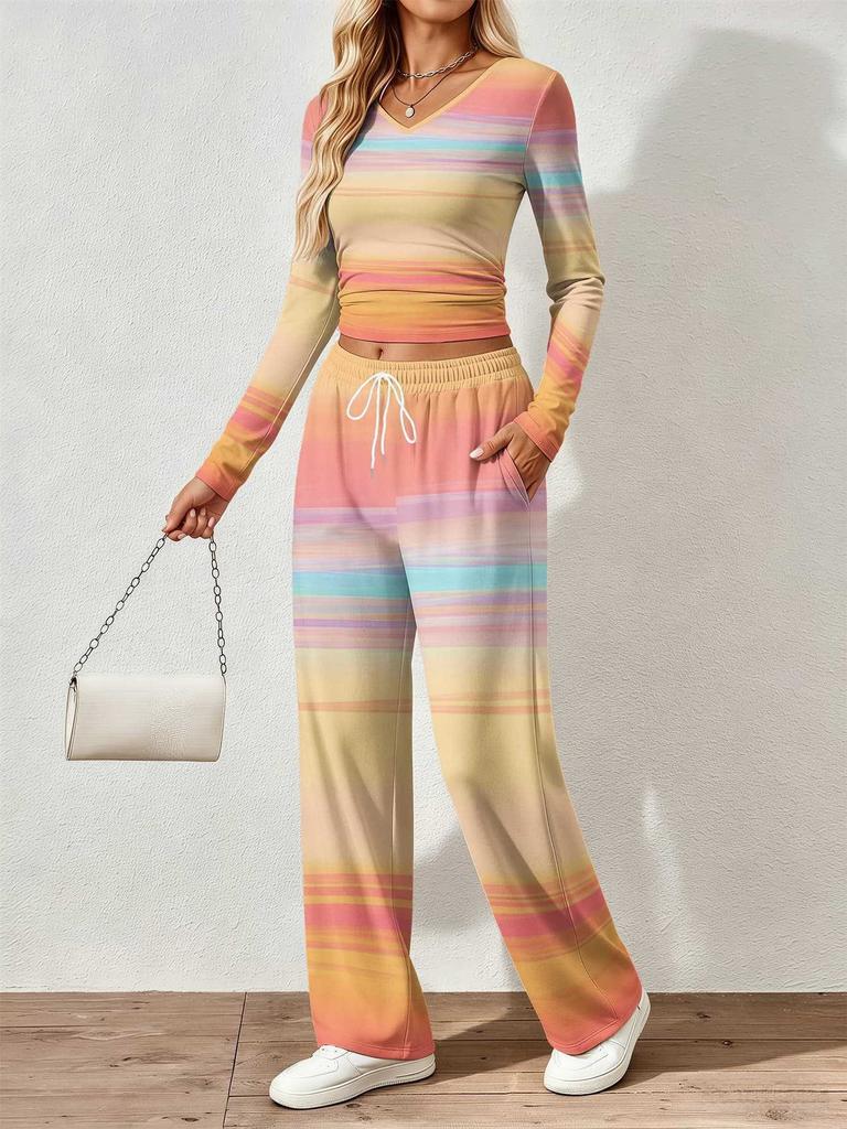 Spring and Autumn digital print women's V-neck long sleeve pants set, comfortable, casual, versatile, slim fit two-piece set