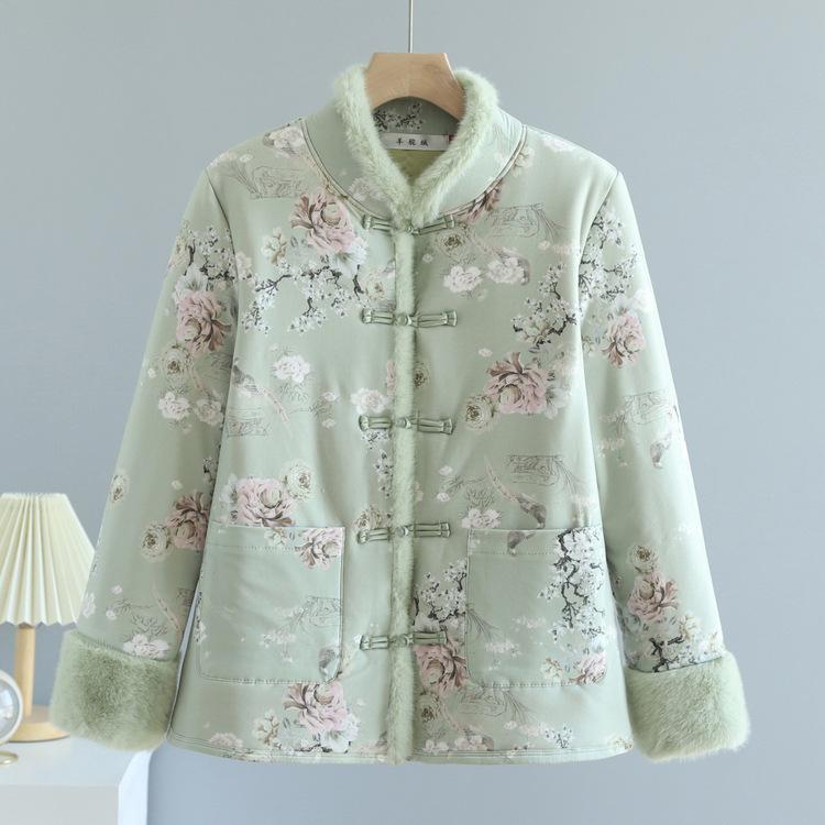 Mothers Wear Chinese Cotton Coat with Velvet Chinese Style Cotton Coat In Winter Thickened Cotton Jacket Cotton Jacket Retro Buckle Jacket