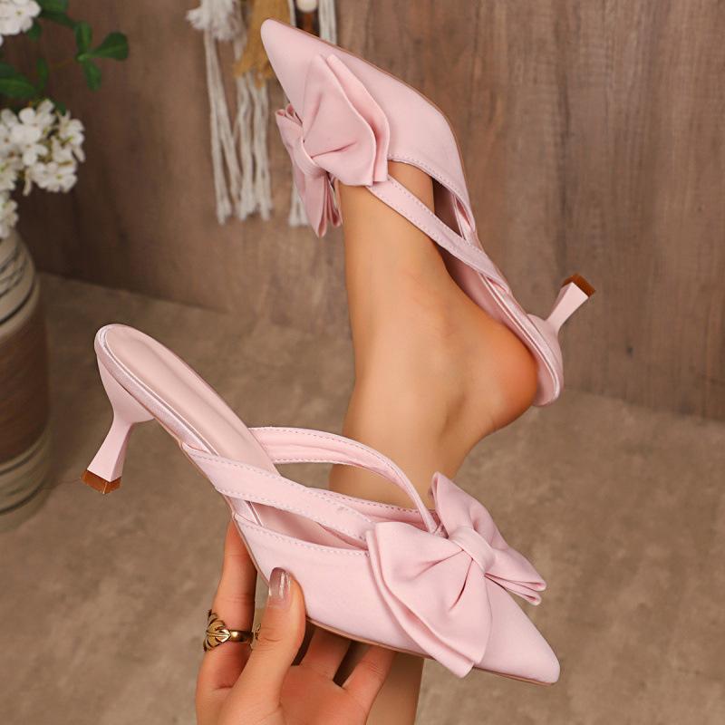 Spring and summer French pointed bow hollow high heel half bag head slippers fairy style pink sandals