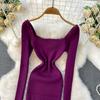 Autumn Spring Women Sexy Square Collar Luxury Beading Knitted Sweater Party Dress Long Midi Sheath Bodycon Sheath Dresses