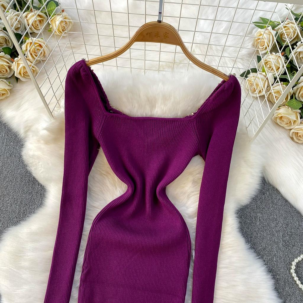 Autumn Spring Women Sexy Square Collar Luxury Beading Knitted Sweater Party Dress Long Midi Sheath Bodycon Sheath Dresses