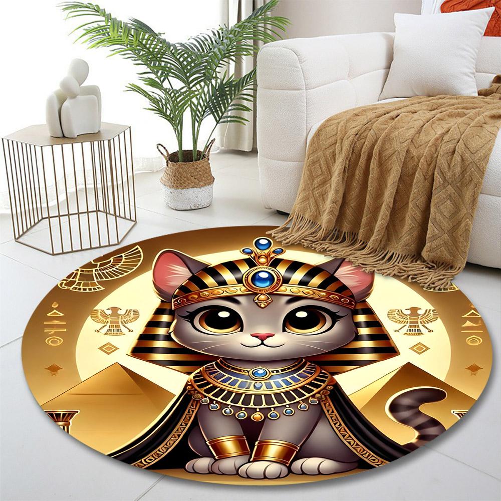 Egyptian Cat Pharaoh Design Print round rug, living room, bedroom, playroom carpet, non slip floor mat, gift