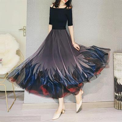 Sommermode Damen Hohe Taille Schlanker Mesh-Faltenrock Halblanger Temperament-Gradienten-A-Linien-Rock Swing-Rock