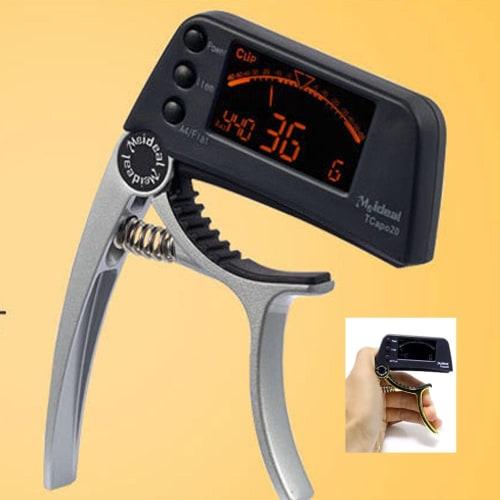 Integrated guitar tuner with capo, clip-on tuner for acoustic and electric guitars, bass tuner, compact and easy-to-use LCD display