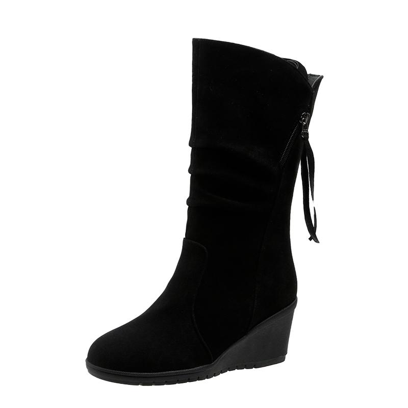 Dames Vintage Kunstsuède Sleehak Enkellaarzen Warm Pluche Gevoerd Instappers Cowboy Korte Laarzen Voor Herfst Winter 37 black