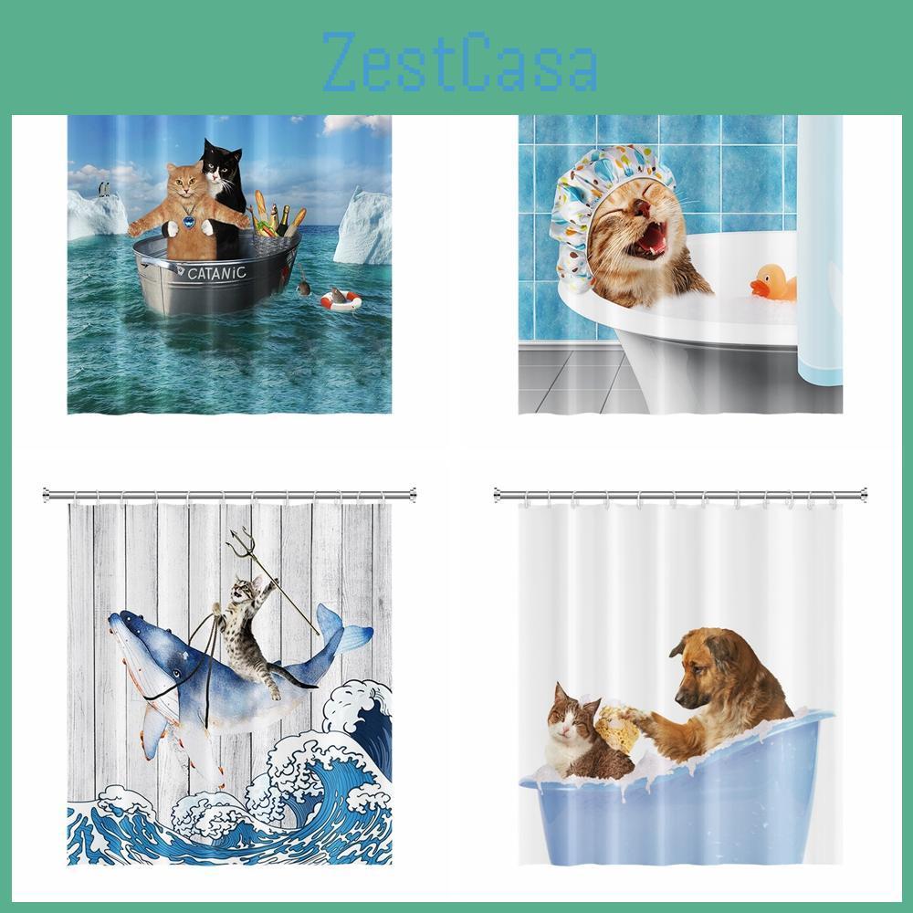 Duschvorhang Badezimmer Lustig Vorhänge Vorhang Mit Haken Dekor Wasserdicht Katze Hund 3D Bad 180x180cm Kreative Persönlichkeit Duschvorhang