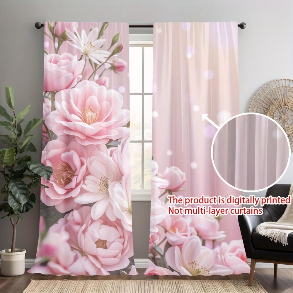 2pc Pink and White Peony Pattern Curtains, Polyester, Machine Washable, Suitable for Bedroom, Living Room, Kitchen, Office