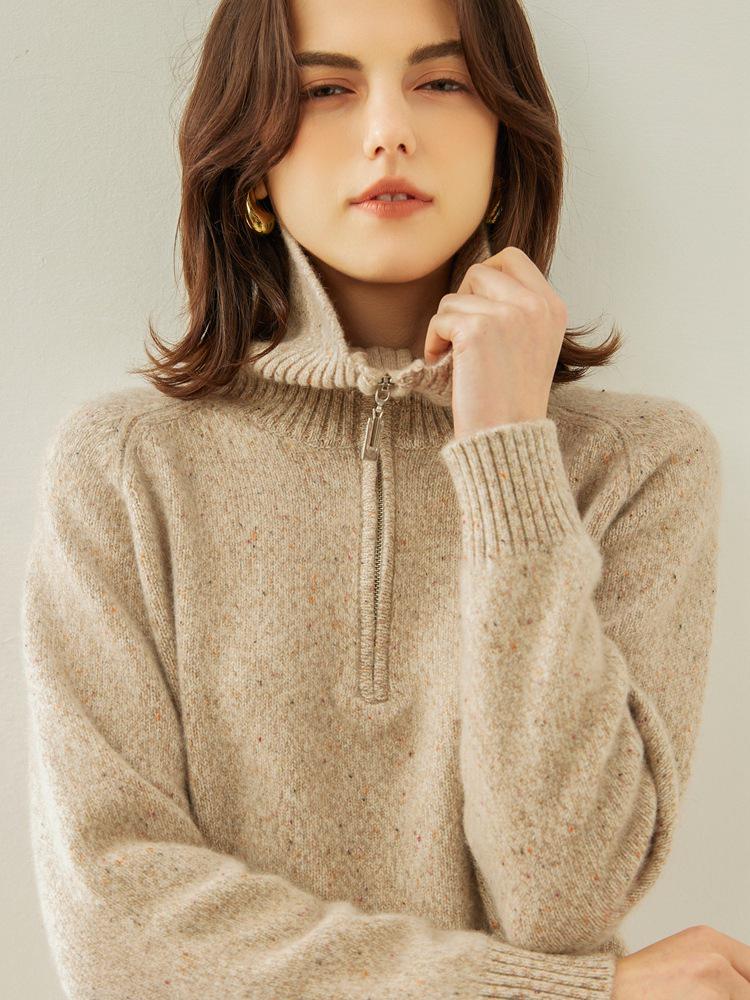 Women's Autumn/Winter Cashmere Lapel Half-Zip Sweater - Casual Knit Pullover