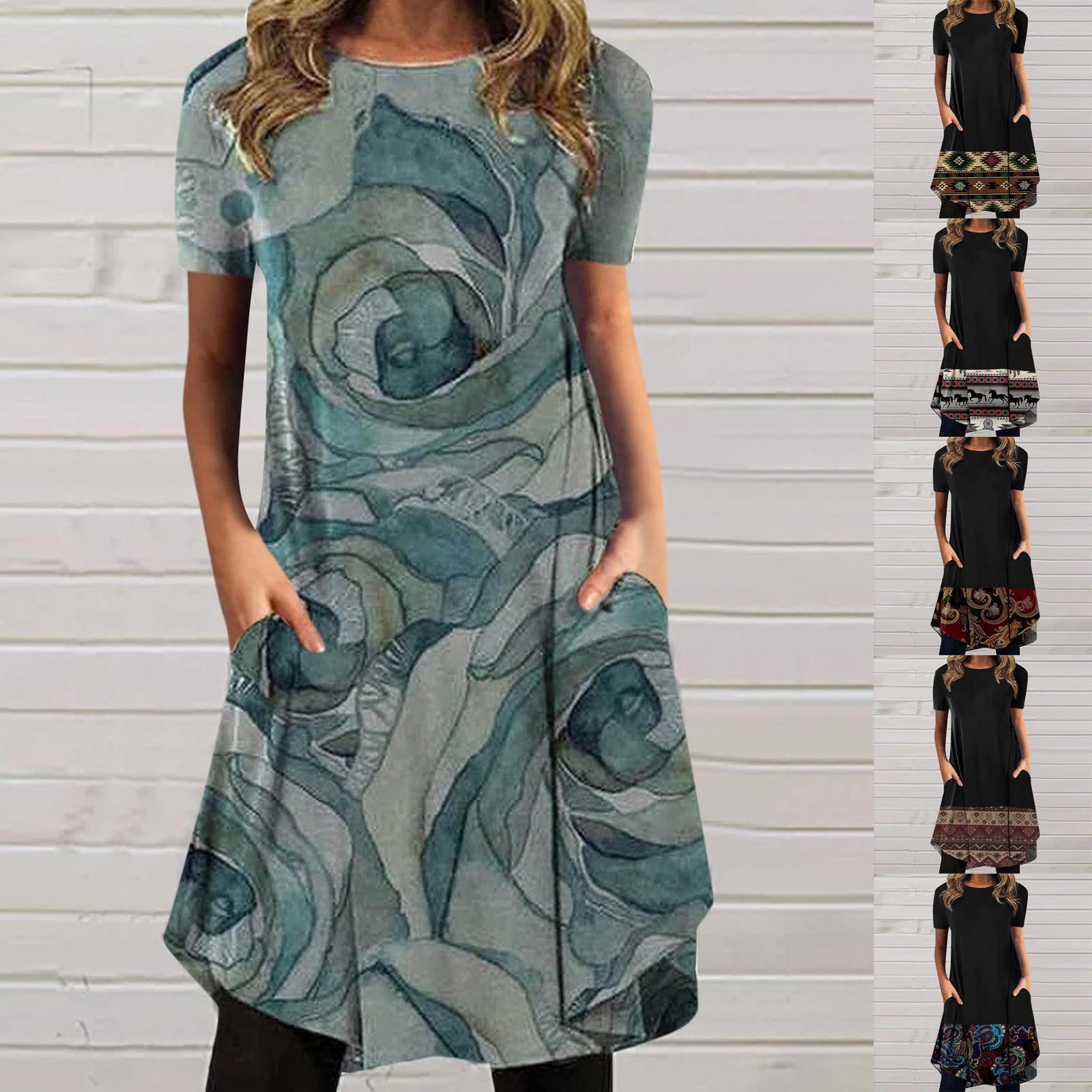 

Модное женское повседневное платье с коротким рукавом и принтом с круглым вырезом и карманом