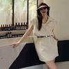 [Spot] Summer New Fake Two-piece Dress Women's Design Sense Waist Thin Medium and Long Lapel Skirt