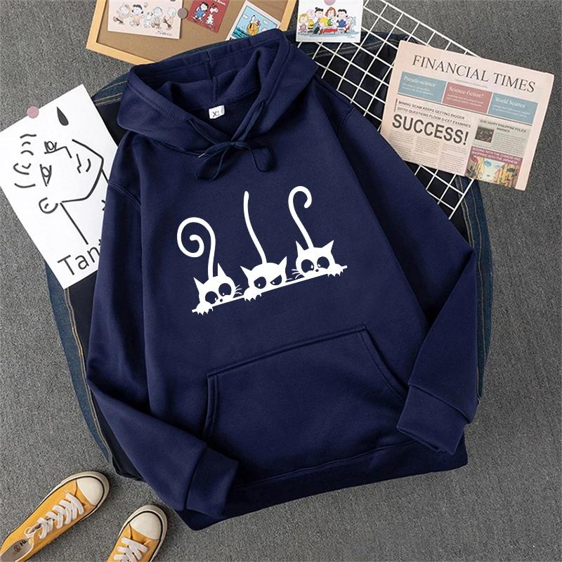 New Womens Sweatshirts Cute Cat Printing Home Party Casual Hoodies Loose Sports Pullover Tops Autumn Winter Daily Woman Clothing