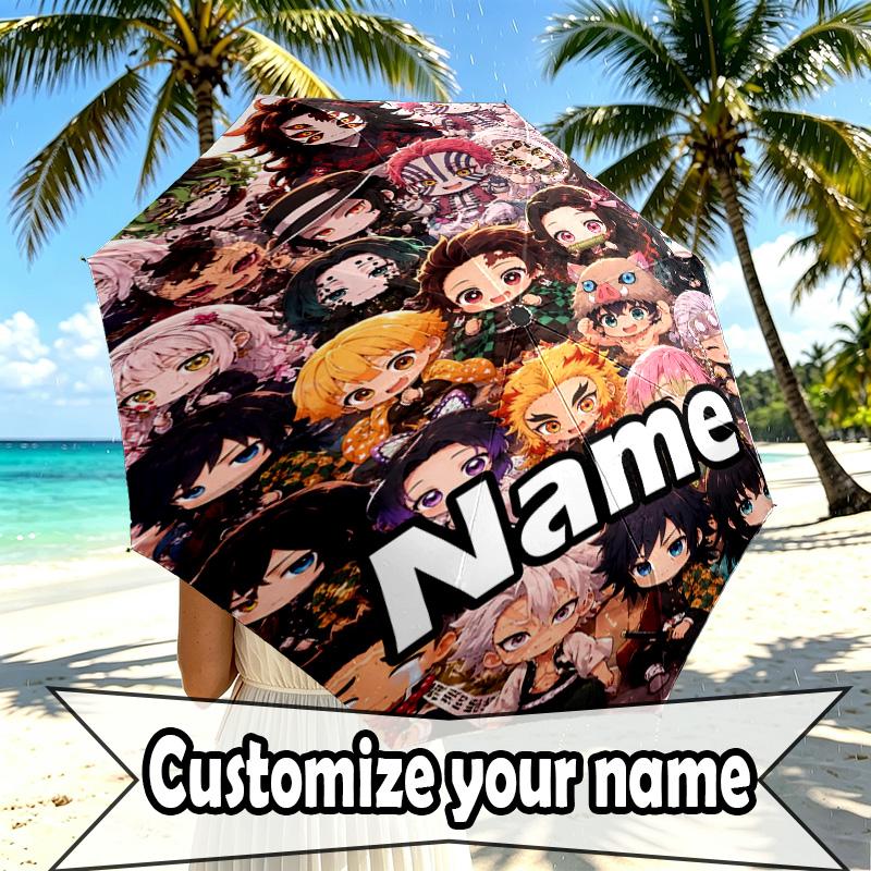 Custom Name Personalized Demon Slayer Print Umbrella, Auto Open Close, 8‑Rib Sturdy Frame, Commute Camping Hiking Use, Birthday Gift