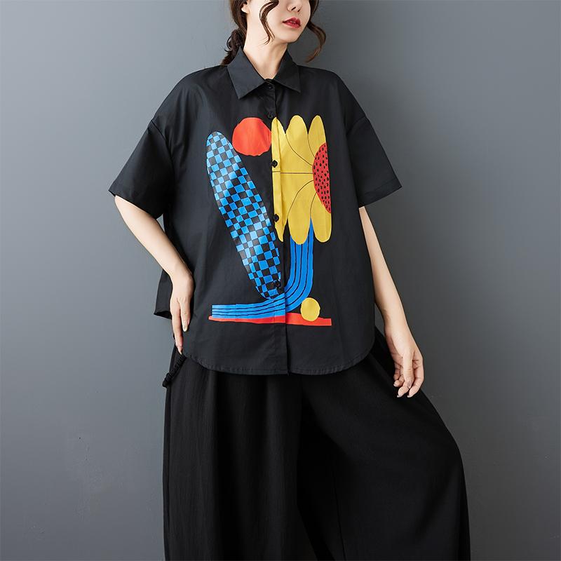 DIMANAF 2026 Plus Size New Summer Blouse Shirt Print Short Sleeve Casual Women Loose Tops Shirts Cotton