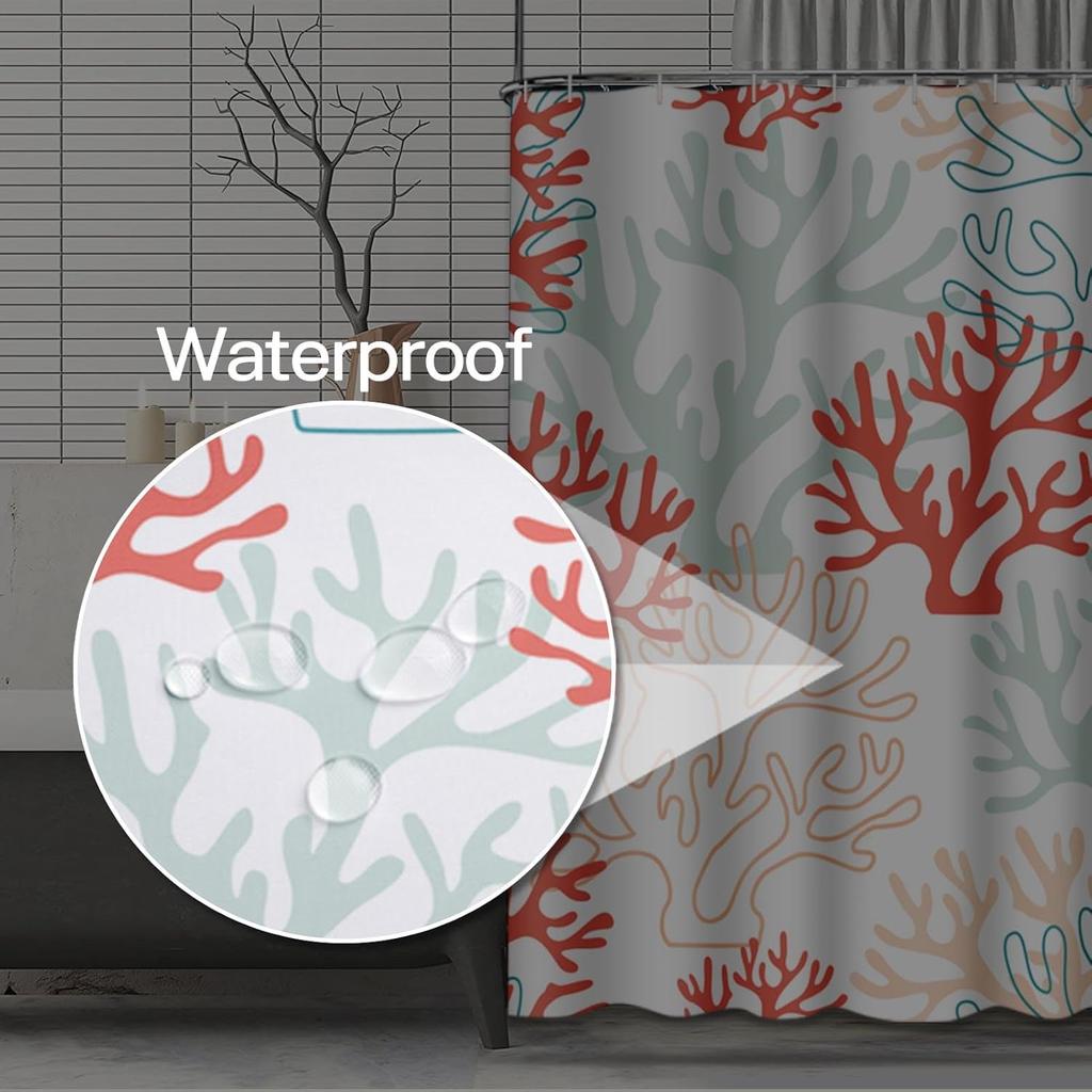 Shower Curtain Pattern Red Pink And Mint Corals Tropical Reef Nautical Waterproof Polyester Fabric 72 X 72 Inches Set With Hooks