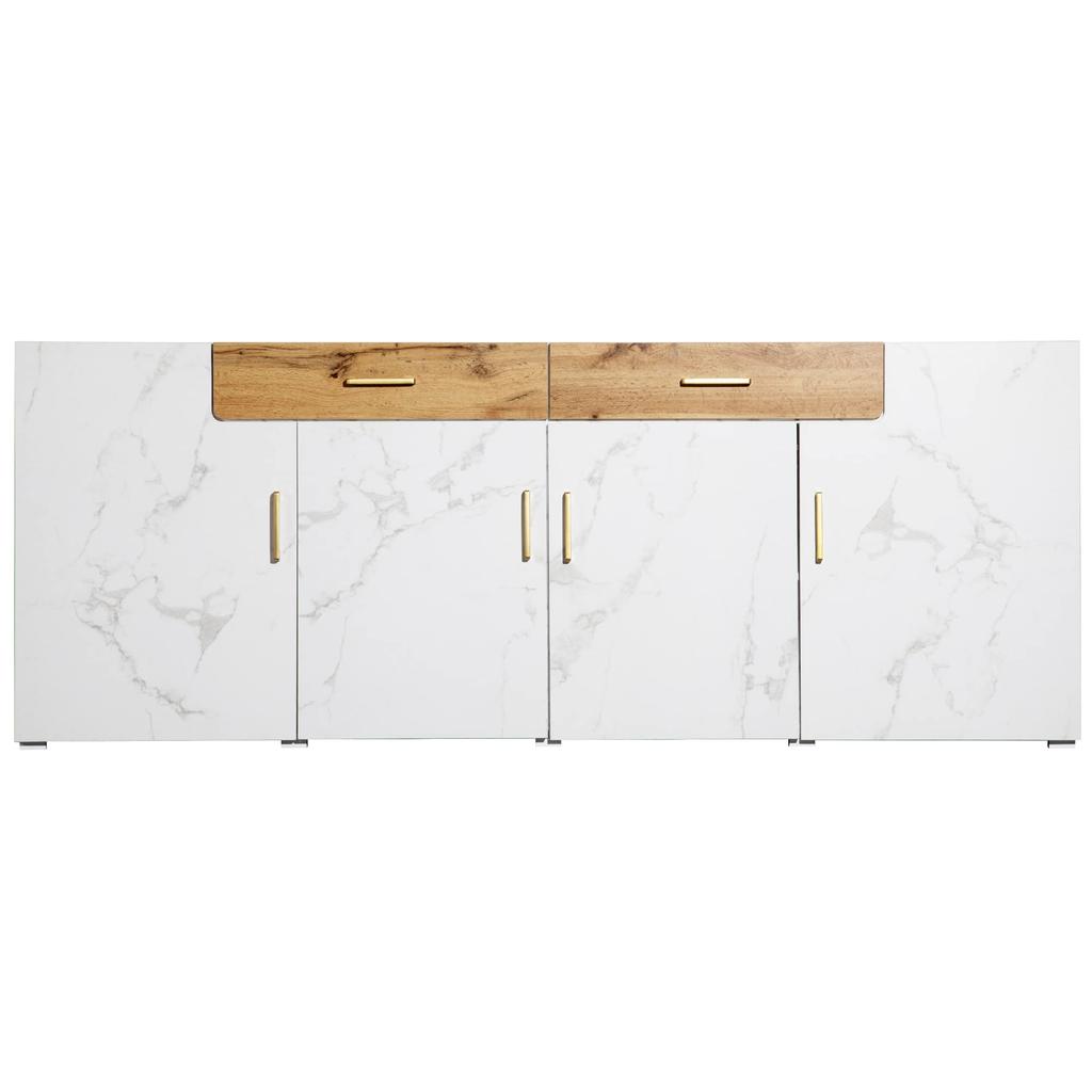 Sideboard Modern Buffet 4 Doors 2 Drawers, Storage Cabinet Ample Storage Space, Buffets Dining Room Living Room Kitchen, White, 208 X 39.5 X 80 Cm