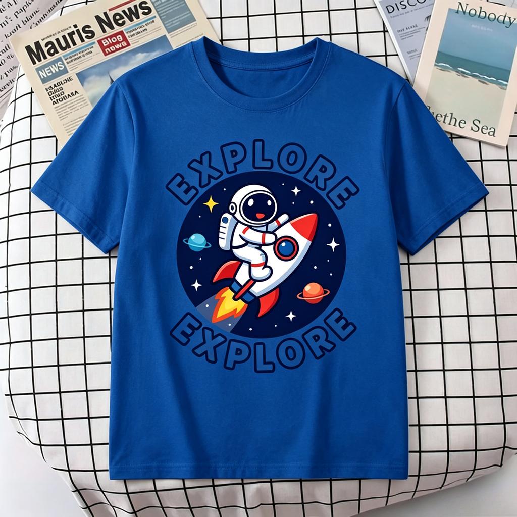 Unisex 100 Cotton TShirt Explore Cute Astronaut Ride Rocket Planet Star Space Print Oversize Casual Short Sleeve Tee