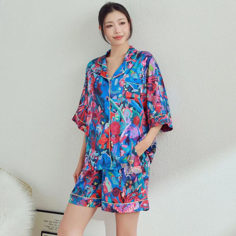 Pajamas, Women's Cartoon Printed Suit, Short Sleeved Shorts, High-end Home Clothes, Worn for External Wear