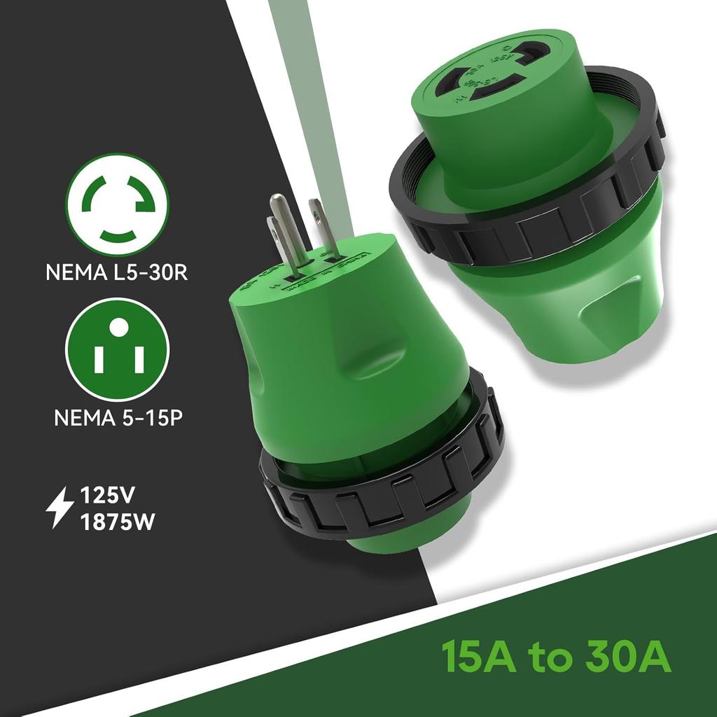 RVGUARD 30 amperų į 110 voltų RV adapterio kištukas su užrakinamu jungikliu, NEMA 5-15P į NEMA L5-30R elektros energijos adapteris, žalias