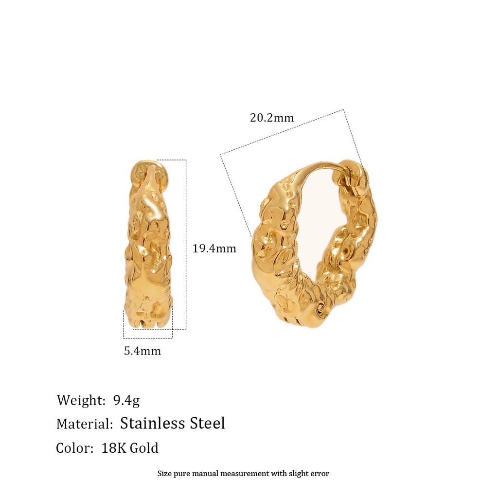 Stainless Steel Irregular Hammered Texture Hoop Earrings for Women 18K Gold Plated Geometric Round Circle Huggies Ear Buckle