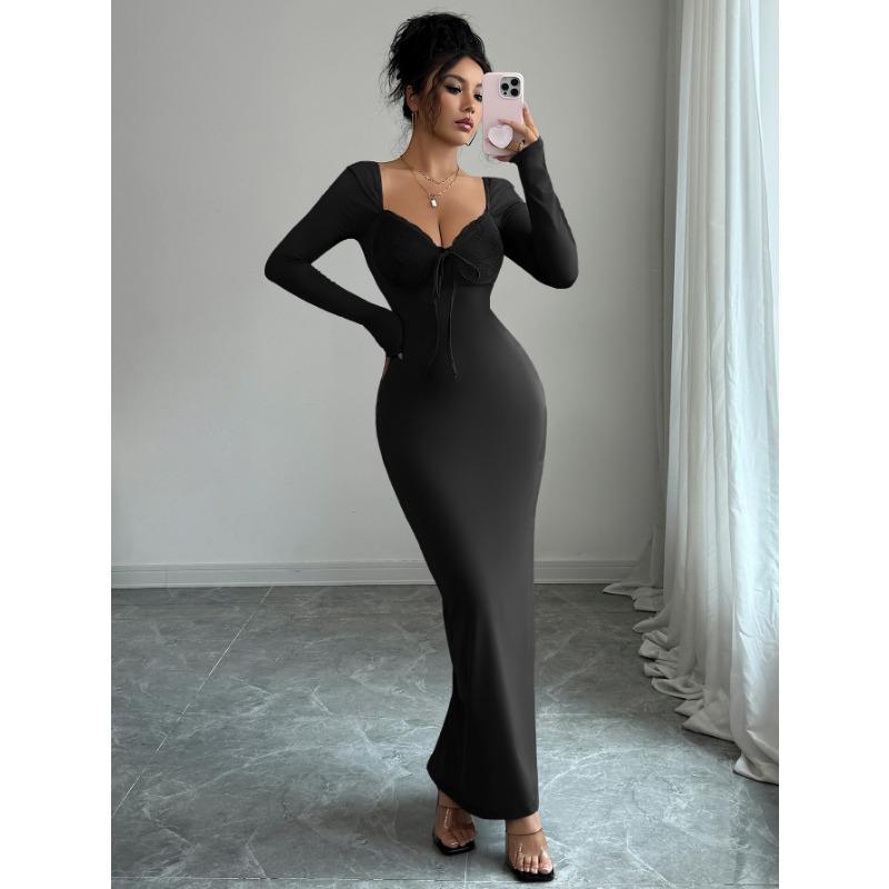 European American Elegant Solid Color Lace Hip Skirt Dress Women's Autumn Winter