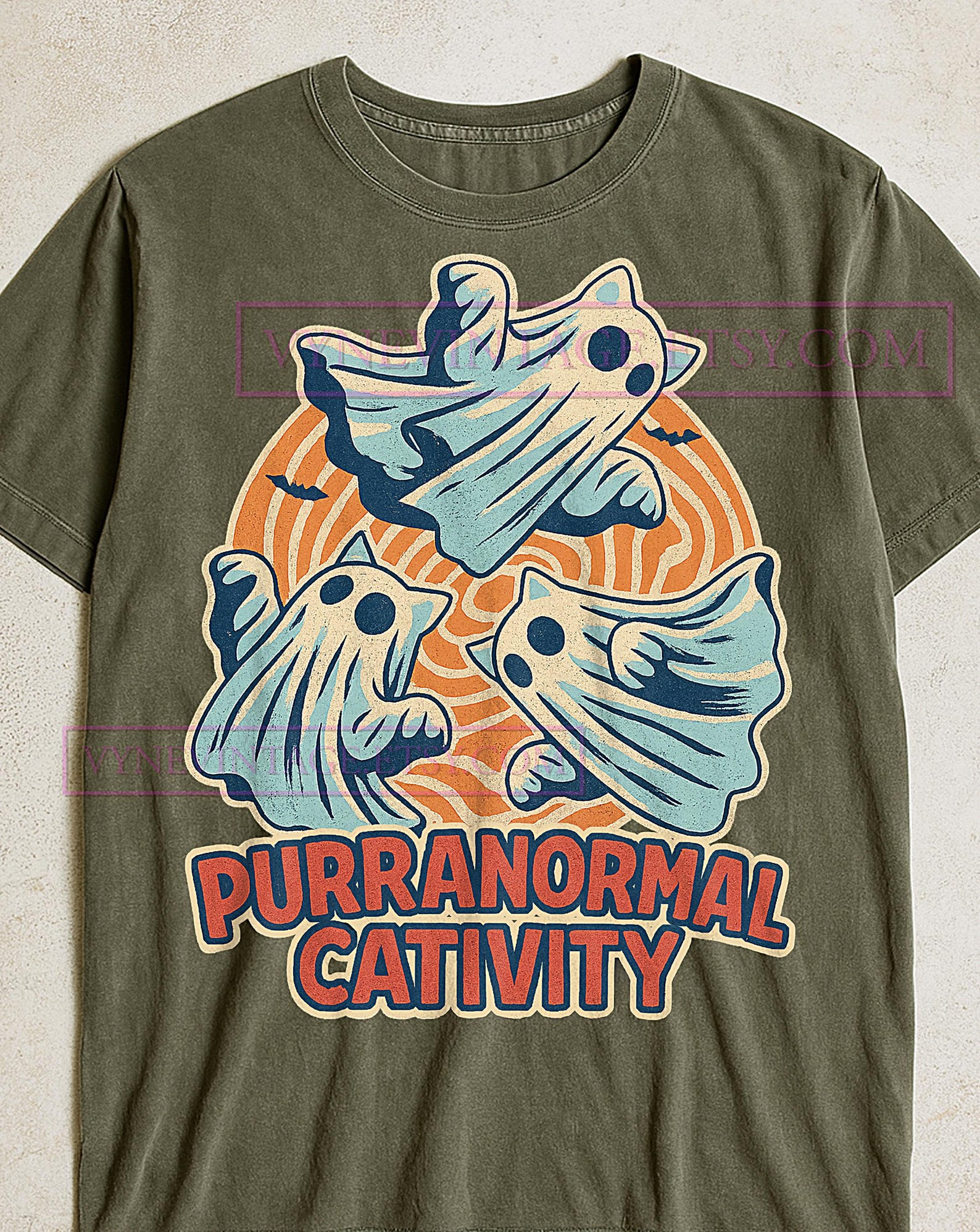 Purranormal Cativity Halloween Cats T-Shirt, Retro Ghost Shirt, Vintage Spooky Tee, Funny Cat Lover Shirt, Halloween Pun Tee 3XL