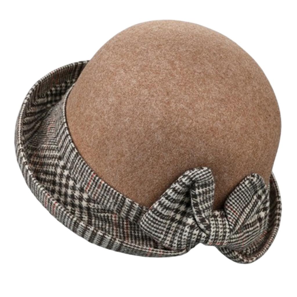 Women Felt Bowler Hats Vintage Plaid Bow Church Hats Lightweight Derby Fedora Hats