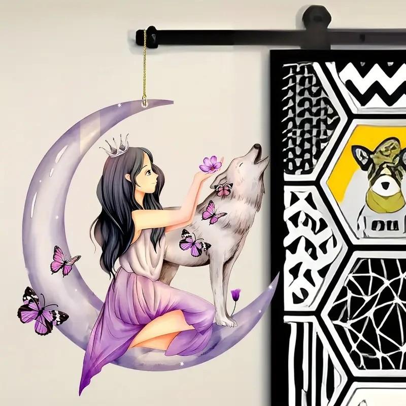 Colorful Acrylic Cartoon Floral Moon Girl Wolf Butterfly Car Pendant For Unique Auto Style