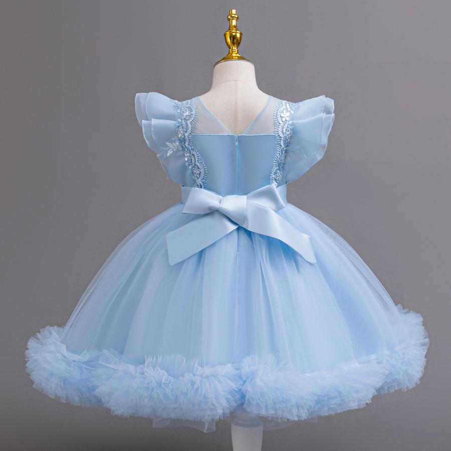 New Kids Net Lace Princess Dress with Frills, Large Size Girls' Birthday Outfit