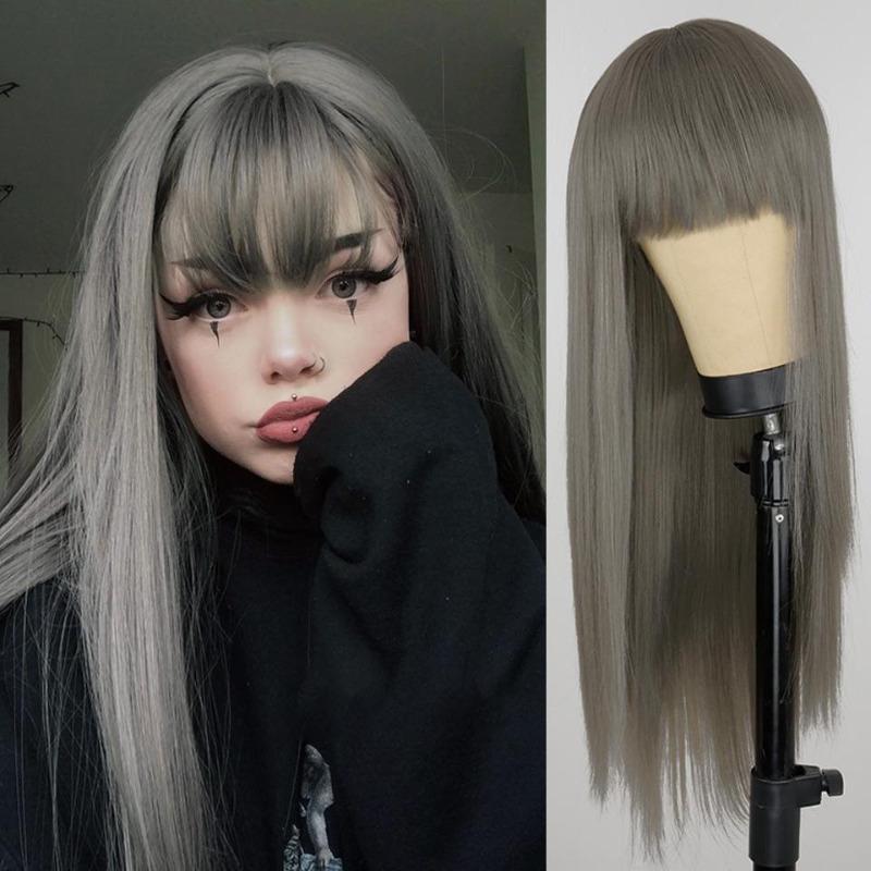 Fashion Long Straight Hair Wig with Bangs Wine Red Synthetic Fiber Wig for Women Daily Wear