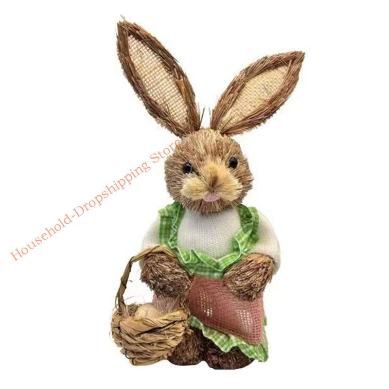 Easter Rabbit Figurine Decoration Handmade Natural Grass Woven Rabbit Ornament for Mantel Patios Festival Decoration