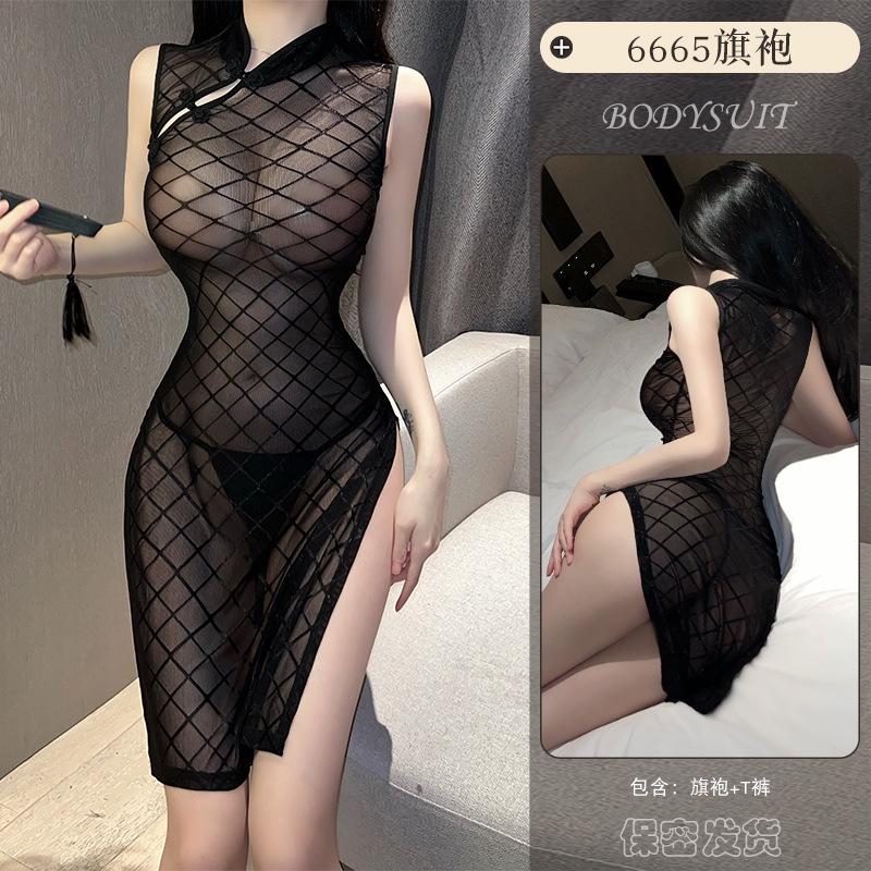 Sex Lingerie Sexy Perspective Cheongsam Uniform Temptation Hot Split Skirt Free Cosplay 6665