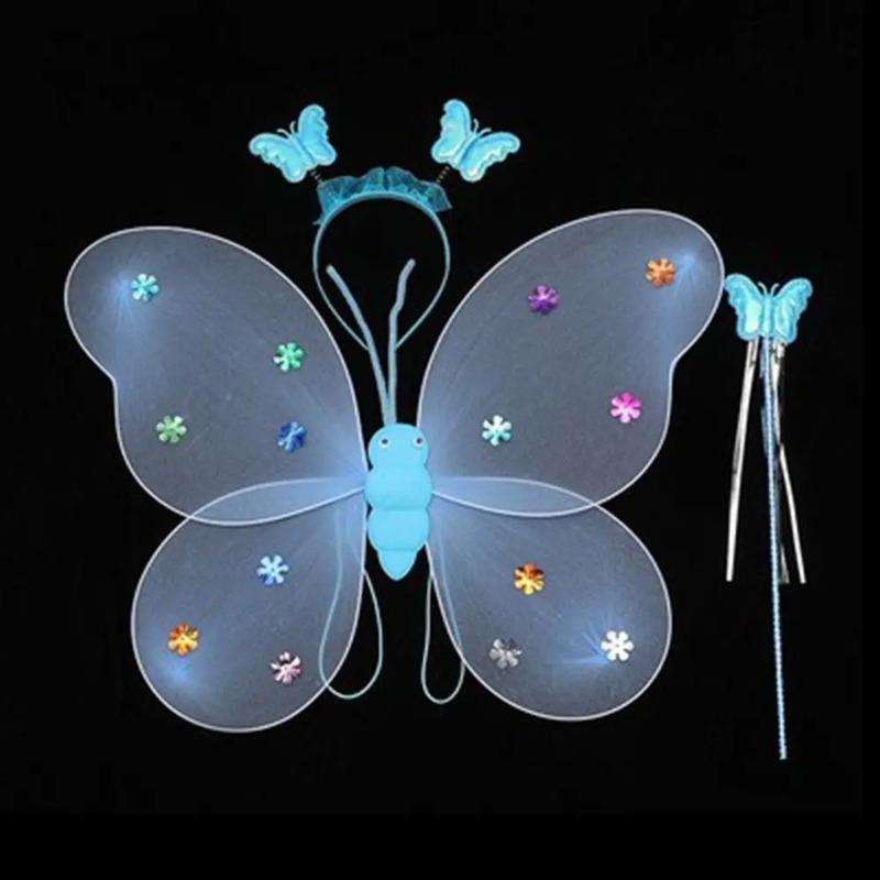 3Pcs/Set Kids Glitter Butterfly Headband Wings Wand Photography Outfit Children Fairy Tale Props