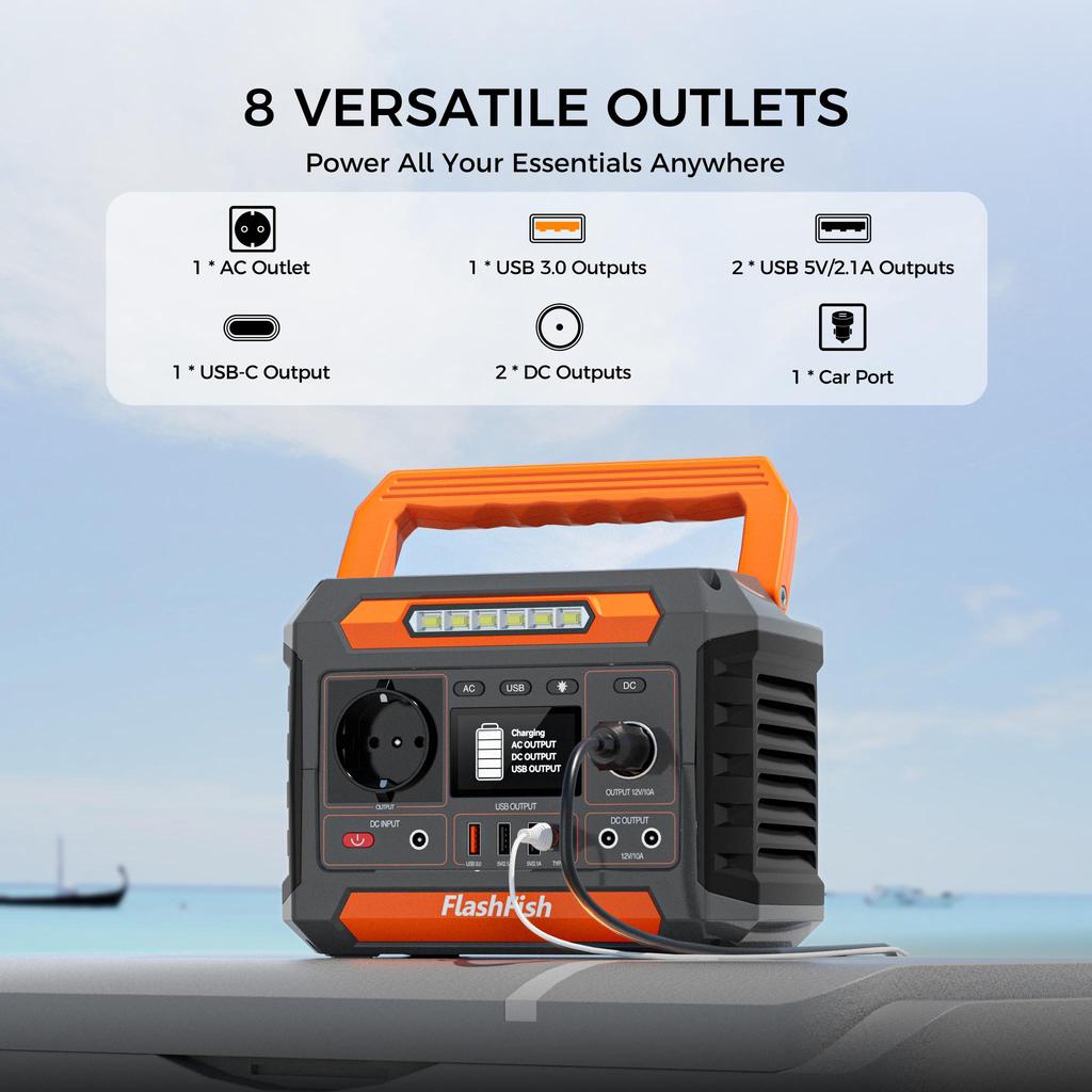 Flashfish P66+TSP100 Portable Power Station 300W Output Power 7 Outputs 3 Ways To Recharge 6-layer Protection