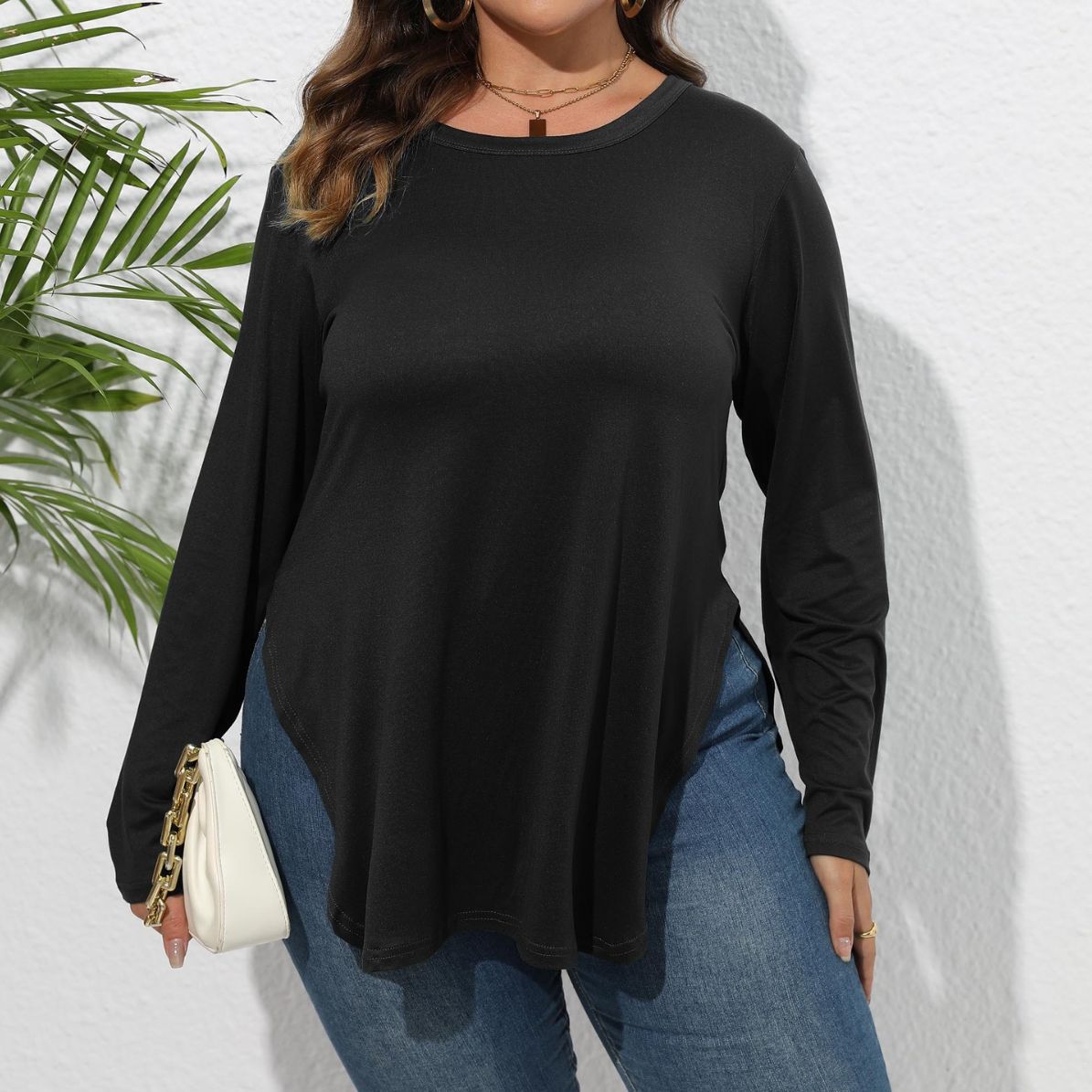 

Футболки с длинными рукавами больших размеров, женские толстовки нерегулярной формы, однотонная весенняя женская одежда, топы большого размера для полных женщин, пуловеры с круглым вырезом 1XL чёрный