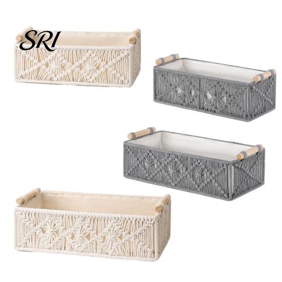 Neat Countertop Storage Box with Wooden Handles Large Capacity Basket Sturdy Frame Organizer Woven Design for Cosmetics And Sundries Space-saving