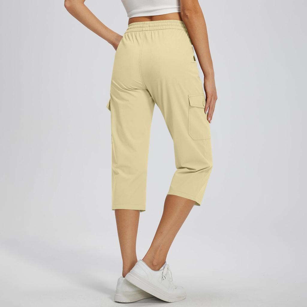 Damen locker sitzende High-Waist Wanderhose mit elastischem Bund, leicht, mit zwei Taschen, lässige Capri-Hose für Outdoor-Aktivitäten