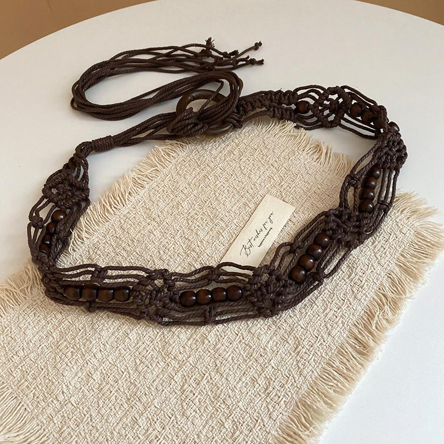 Ethnic Style Wax Rope Wood Bead Acrylic Woven Oval Waist Chain Temperament Belt Versatile Waist Jewelry