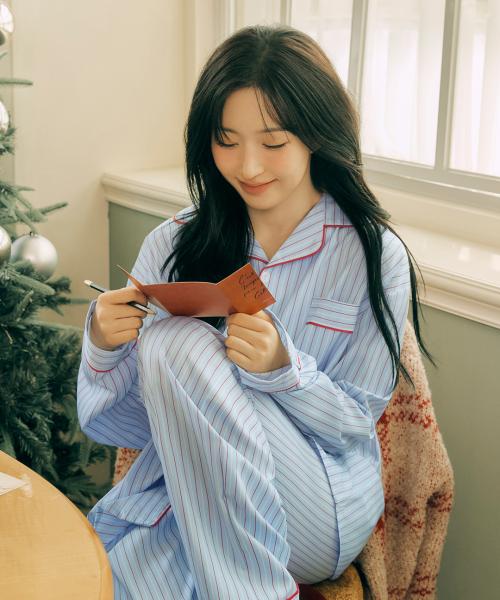 

[Dossy] 2-Pack Silk-Fit Chloe Long Sleeve Couple Pajama Set [Shipped from Korea] 100% Authentic Sky Blue - XL