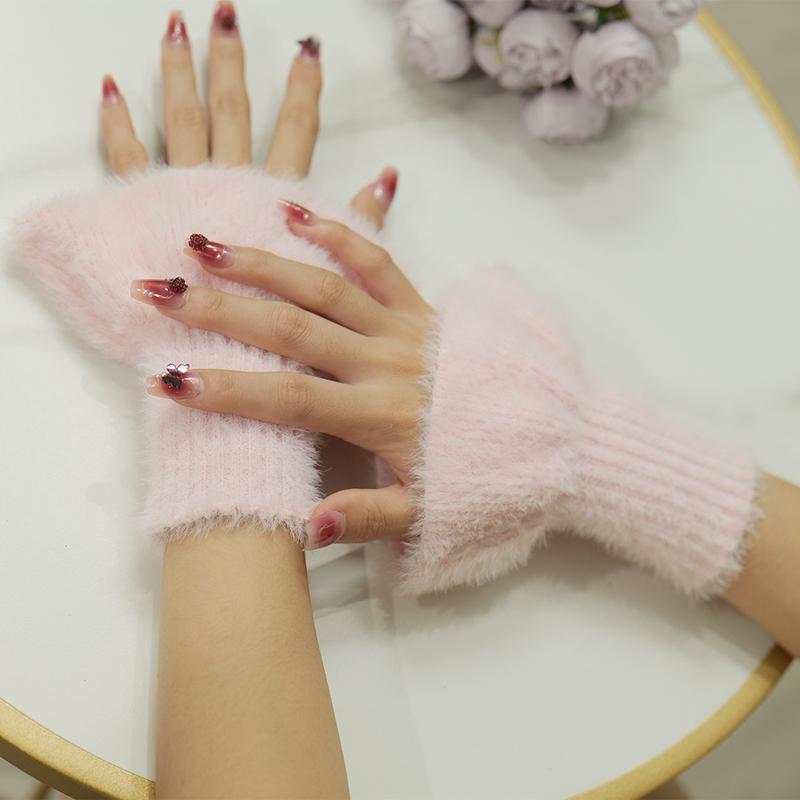 Women Solid Fluffy Fingerless Gloves Cute Elastic Plush Flare Sleeves Cute Wrist Warmers For Office And Winter Black