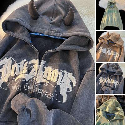 Jaqueta feminina outono inverno fecho de zíper com capuz carta padrão solto grosso manga comprida quente chifre decoração bolsos punho elástico senhora jaqueta de comprimento médio