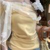 Reds Pavilion Short-sleeved T-shirt Women's New Summer Design Sense Niche Short Yellow Off-the-shoulder One-word Shoulder Top