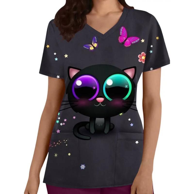 Woman Cute Cat Pattern Print V-Neck Short Sleeve Nurse Uniform Tops Comfortable with Pockets Medical Clothes