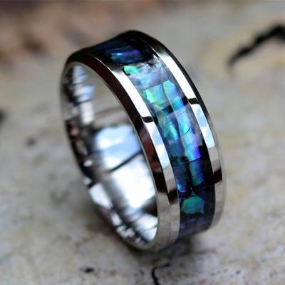 Fashion 8mm Stainless Steel Men Rings Copper Color Brushed Inlaid Abalone Shell Men Wedding Band Jewelry Gift Drop Shipping
