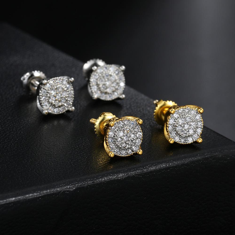Hip Hop Herren Ohrringe Iced Out Zirkon Goldfarbe Punk Schlicht 4 Krallen Rund Schraubverschluss Ohrstecker Rock Schmuck Geschenke OHE181