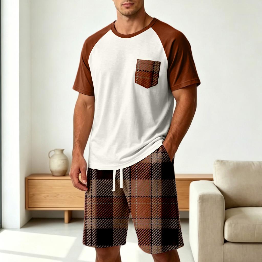 Men's Casual Pajama Set Soft Comfortable Two Piece Lounge Wear Short Sleeve Top and Plaid Shorts Sleepwear Set for Home Relaxation