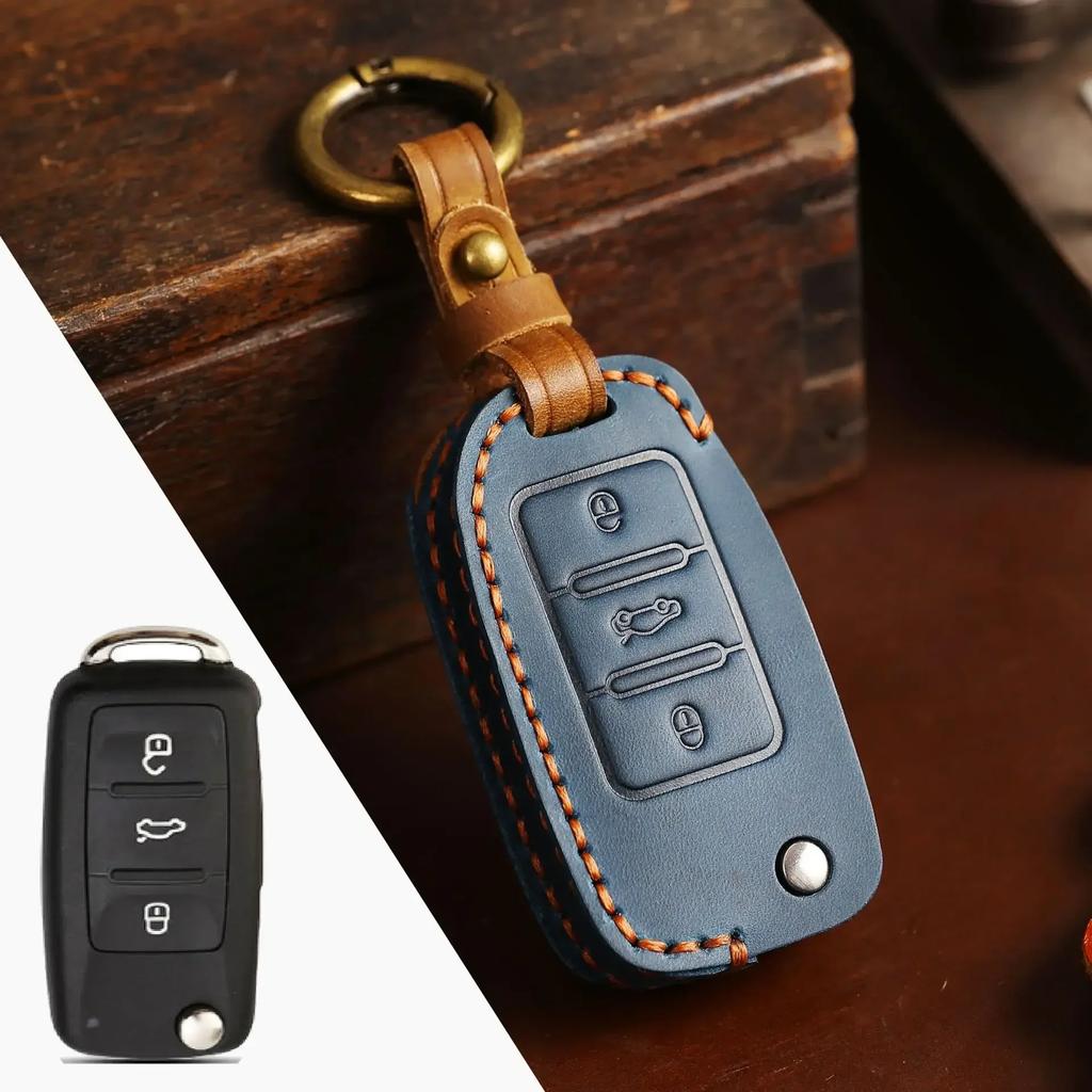 Leather Car Key Case Cover for Volkswagen VW Polo Golf 7 Sagitar Passat for Skoda Octavia Keyring Shell Bag Fob Auto Accessories