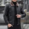 Men Imitation Leather Jacket with Velvet Lining Lapel Long Sleeve Zipper Placket Solid Color Autumn Winter Coat
